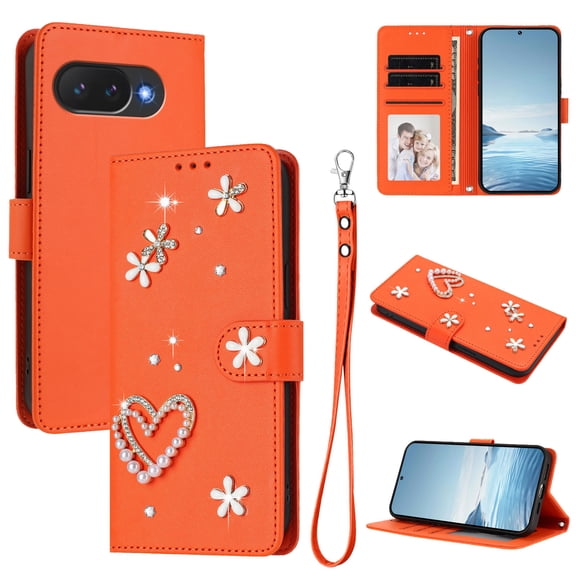 ELEHOLD Shock-Absorbent 3D Bling Diamond Pearl Decoration PU Leather Wallet Cell Phone Case with Wrist Strap for Google Pixel 10A, Orange
