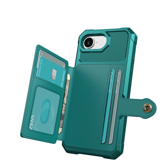 ELEHOLD Shock-Absorbent Credit Card and Cash Slot PU Leather TPU Back Cover Wallet Cell Phone Case for iPhone 17e & iPhone 16e, Green