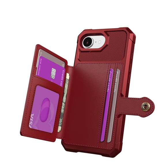 ELEHOLD Shock-Absorbent Credit Card and Cash Slot PU Leather TPU Back Cover Wallet Cell Phone Case for iPhone 17e & iPhone 16e, Red