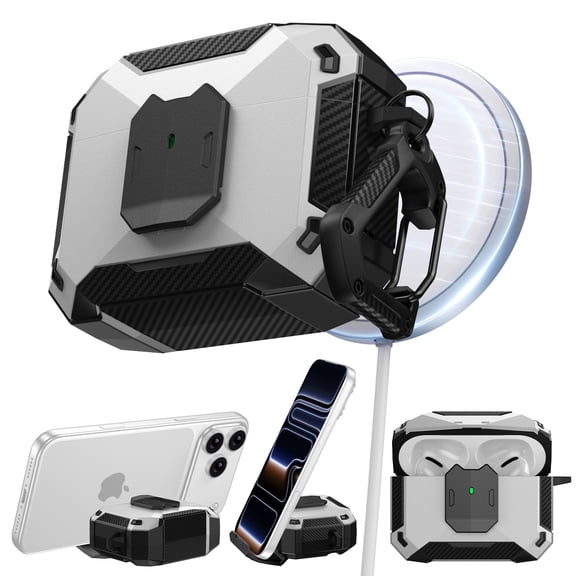 ELEHOLD Shockproof Case for Airpods Pro 3rd Gen (2025) Protective Cover with Secure Lock Switch, Built-in Phone Stand Carabiner, Wireless Charging, White