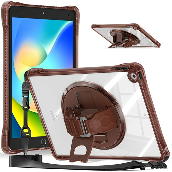 ELEHOLD Shockproof Case for ipad 10.2 2021/2020/2019, Full Body Protection Clear Back Case with 360° Rotating Hand Strap Kickstand & Djustable Strap,Chocolate