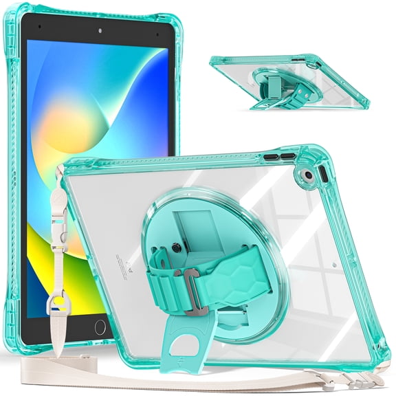 ELEHOLD Shockproof Case for ipad 10.2 2021/2020/2019, Full Body Protection Clear Back Case with 360° Rotating Hand Strap Kickstand & Djustable Strap,Lightgreen