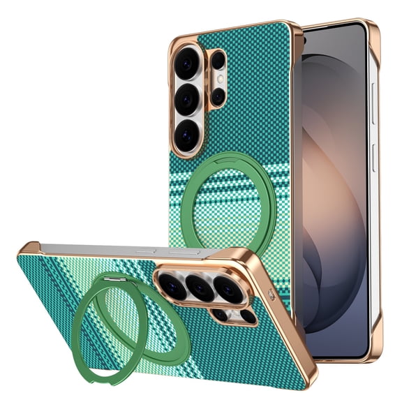 ELEHOLD Shockproof Kevlar-Texture Rugged Frameless Magnetic Case Ring Kickstand Cover for Samsung Galaxy S23 Ultra , Green