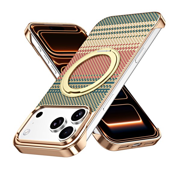 ELEHOLD Shockproof Kevlar-Texture Rugged Frameless Magnetic Case Ring Kickstand Cover for iPhone 17 Pro, Gold