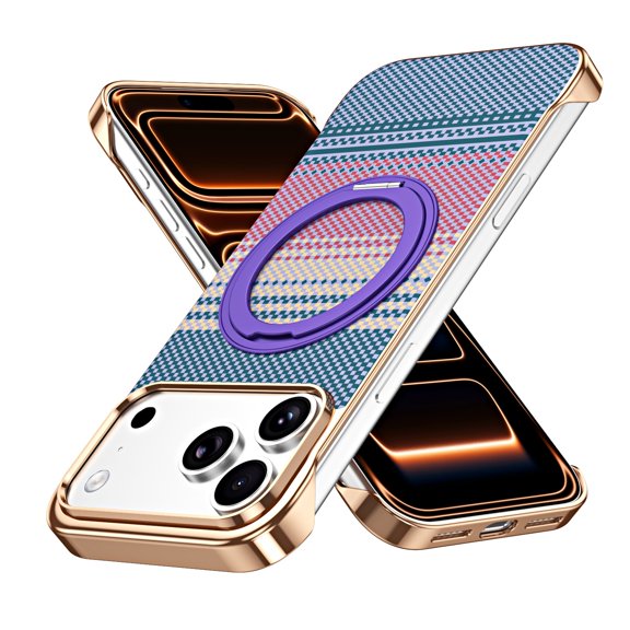 ELEHOLD Shockproof Kevlar-Texture Rugged Frameless Magnetic Case Ring Kickstand Cover for iPhone 17 Pro Max, Purple