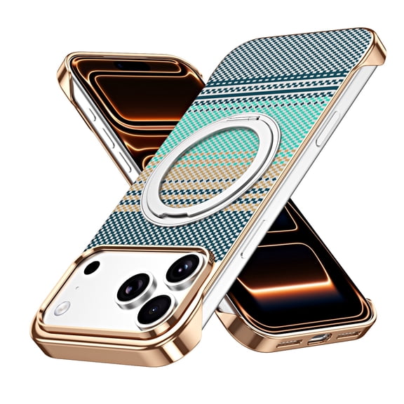 ELEHOLD Shockproof Kevlar-Texture Rugged Frameless Magnetic Case Ring Kickstand Cover for iPhone 17 Pro, Silver