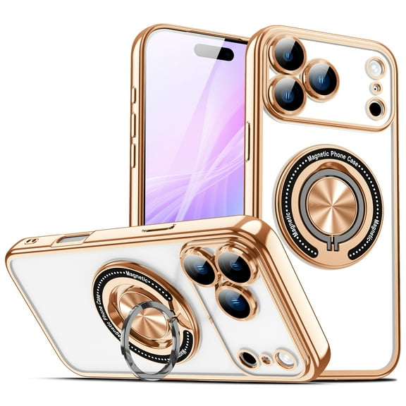 ELEHOLD Shockproof Magnetic Case For Apple iPhone 17 Pro Max with Built-in Grip Ring Kickstand Compatible with Mag-Safe Accessories Shock-Absorbent TPU Protective Case Cover, Gold