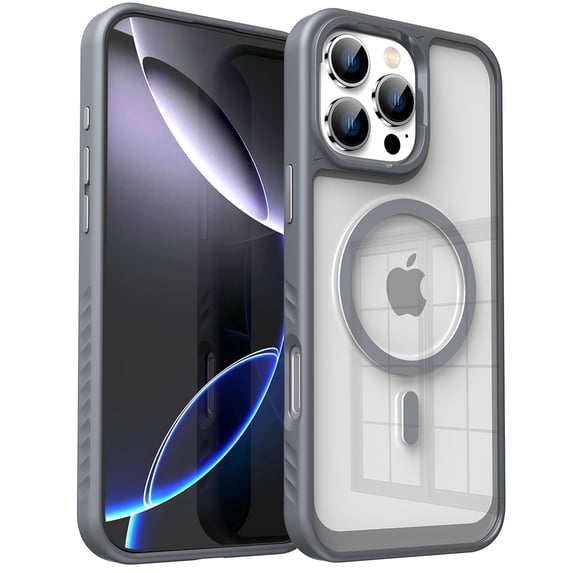 ELEHOLD Shockproof Magnetic Clear Case For iPhone 16 Pro, Mag-Safe Compatible, Soft TPU Bumper Drop Protection Anti-Yellow Transparent Back Shockproof Magnetic Case Cover, Gray