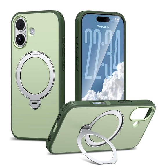 ELEHOLD Shockproof Matte Magnetic Ring Kickstand Protective Case Wireless Charging for iPhone 16 Plus, Green
