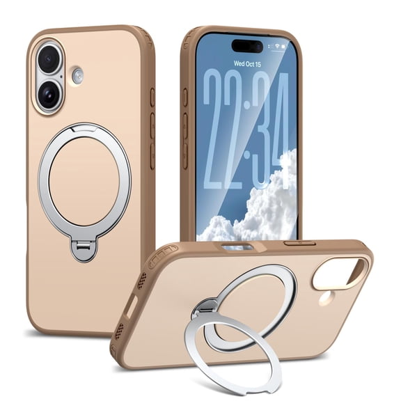 ELEHOLD Shockproof Matte Magnetic Ring Kickstand Protective Case Wireless Charging for iPhone 16 Plus, Khaki