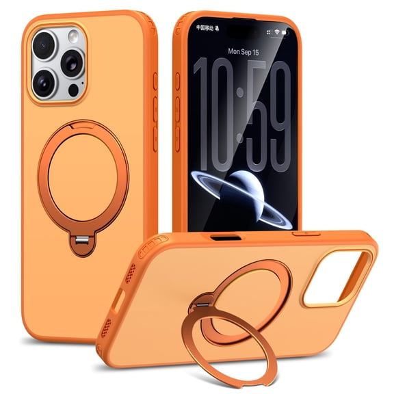ELEHOLD Shockproof Matte Magnetic Ring Kickstand Protective Case Wireless Charging for iPhone 16 Pro, Orange