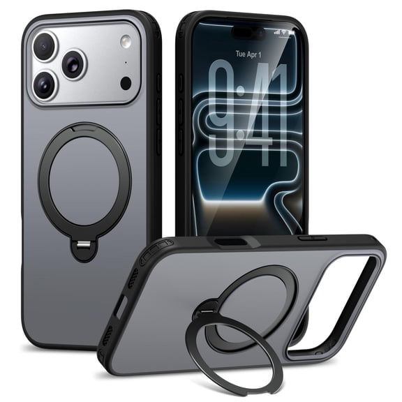 ELEHOLD Shockproof Matte Magnetic Ring Kickstand Protective Case Wireless Charging for iPhone 17 Pro, Black