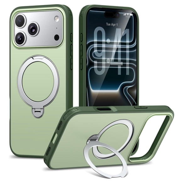 ELEHOLD Shockproof Matte Magnetic Ring Kickstand Protective Case Wireless Charging for iPhone 17 Pro, Green