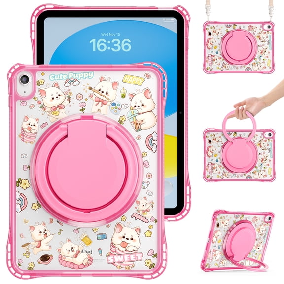 ELEHOLD Shockproof Protective Case for iPad 10th 2022/11th (A16) Gen 2025, Cute Animals Design 360° Rotating Stand Rugged Shockproof Clear Case with Shoulder Strap,Dog