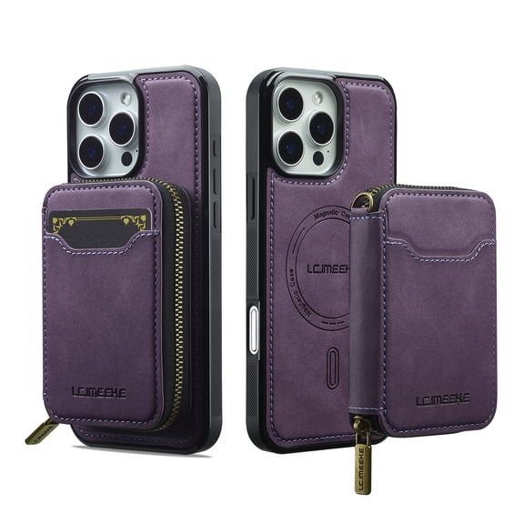 ELEHOLD Shockproof RFID Blocking Leather Wallet Magnetic Case Detachable Zipper Card Holder for iPhone 16 Pro Max, Purple