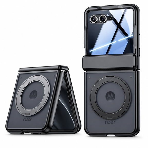 ELEHOLD Shockproof Rugged Ring Stand Hinge Protection Frosted Magnetic Case Built-in Screen Protector For Motorola Razr 2026/2025/2024,Black(HD Clear Film)