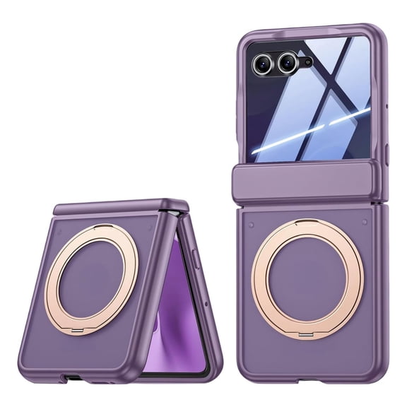 ELEHOLD Shockproof Rugged Ring Stand Hinge Protection Frosted Magnetic Case Built-in Screen Protector For Motorola Razr 2026/2025/2024,Purple(Privacy Film)