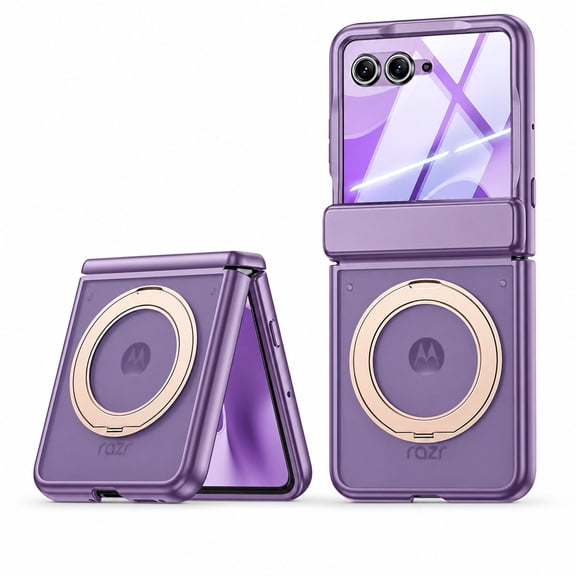 ELEHOLD Shockproof Rugged Ring Stand Hinge Protection Frosted Magnetic Case Built-in Screen Protector For Motorola Razr Ultra 2026/2025,Purple(HD Clear Film)