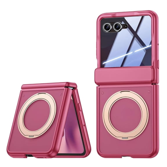 ELEHOLD Shockproof Rugged Ring Stand Hinge Protection Frosted Magnetic Case Built-in Screen Protector For Motorola Razr Ultra 2026/2025,Red(Privacy Film)