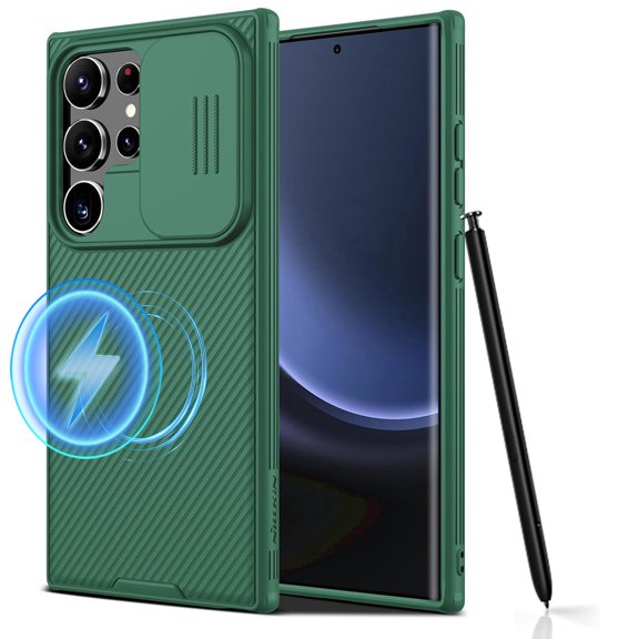 ELEHOLD Silicone Case for Samsung Galaxy S24 Ultra,Rugged Magnetic Back Case with Sliding Camera Lens Protector Compatible with Mag Safe Rubber Shockproof Protection Galaxy S24 Ultra Cover,Darkgreen