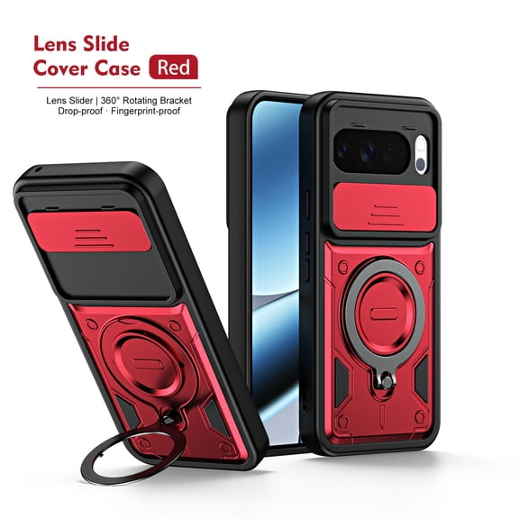 ELEHOLD Sliding Camera Cover Ring Kickstand Hybrid Shockproof Protective Phone Case Rugged Cover for Google Pixel 10 /10 Pro, Red
