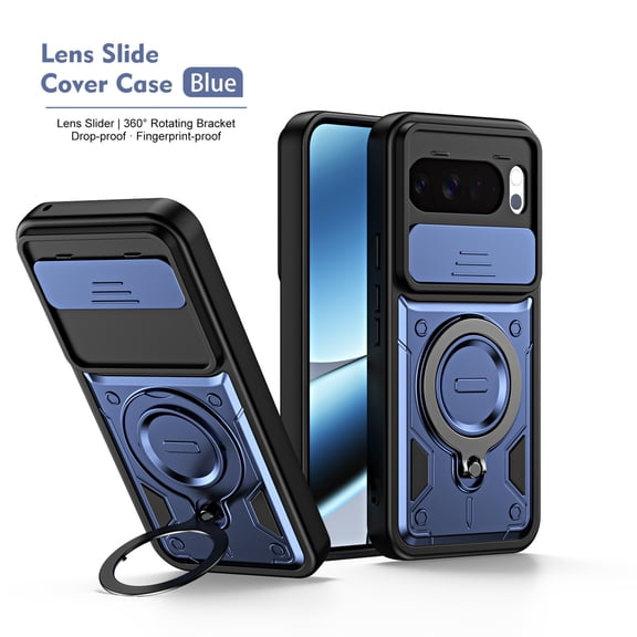 ELEHOLD Sliding Camera Cover Ring Kickstand Hybrid Shockproof Protective Phone Case Rugged Cover for Google Pixel 10 Pro XL, Dark Blue