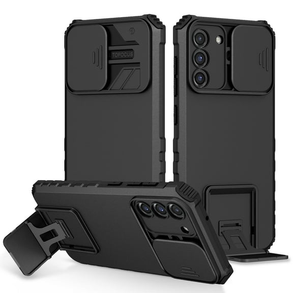 ELEHOLD Slim Case for Samsung Galaxy S23 6.1" with Camera Lens Protector Built-in Hidden Kickstand Full Body Protective Shockproof Hybrid Case for Samsung S23,Black