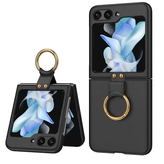 ELEHOLD Slim Case for Samsung Galaxy Z Flip 5 Case with Built-in Small Front Screen Protector Metal Ring Holder Leather Texture Shockproof Cover for Samsung Z Flip 5 2023,Black
