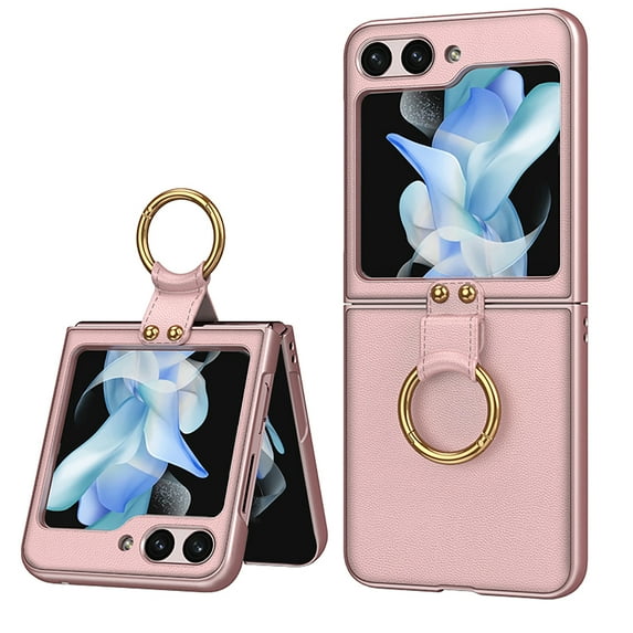 ELEHOLD Slim Case for Samsung Galaxy Z Flip 5 Case with Built-in Small Front Screen Protector Metal Ring Holder Leather Texture Shockproof Cover for Samsung Z Flip 5 2023,Pink