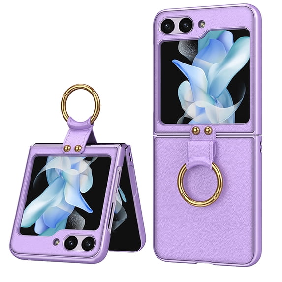 ELEHOLD Slim Case for Samsung Galaxy Z Flip 5 Case with Built-in Small Front Screen Protector Metal Ring Holder Leather Texture Shockproof Cover for Samsung Z Flip 5 2023,Purple