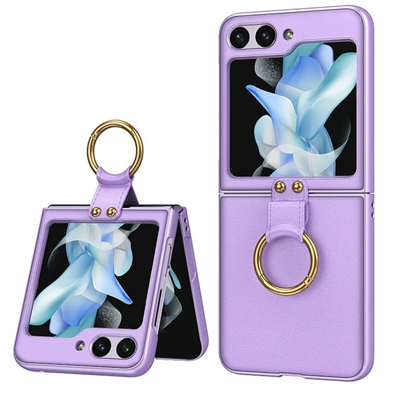 ELEHOLD Slim Case for Samsung Galaxy Z Flip 5 Case with Built-in Small Front Screen Protector Metal Ring Holder Leather Texture Shockproof Cover for Samsung Z Flip 5 2023,Purple