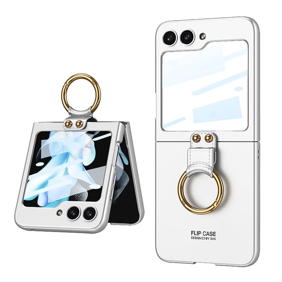 ELEHOLD Slim Case for Samsung Galaxy Z Flip 5 Case with Built-in Small Front Screen Protector Metal Ring Holder Matte PC Shockproof Cover for Samsung Z Flip 5 2023,Silver