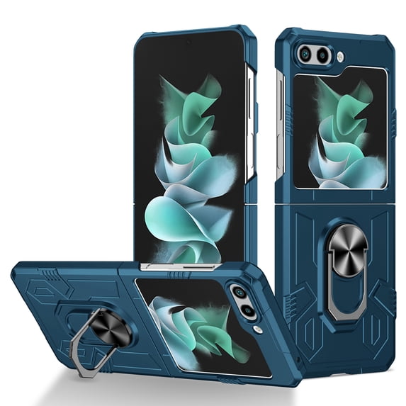 ELEHOLD Slim Case for Samsung Galaxy Z Flip 5 Rugged Case with Metal Ring Holder Kickstand Work with Magnetic Car Mount Holder Shockproof Case for Samsung Galaxy Z Flip 5, Blue
