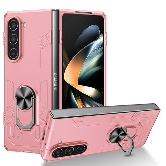 ELEHOLD Slim Case for Samsung Galaxy Z Fold 5 Rugged Case with Metal Ring Holder Kickstand Work with Magnetic Car Mount Holder Shockproof Case for Samsung Galaxy Z Fold 5, Pink