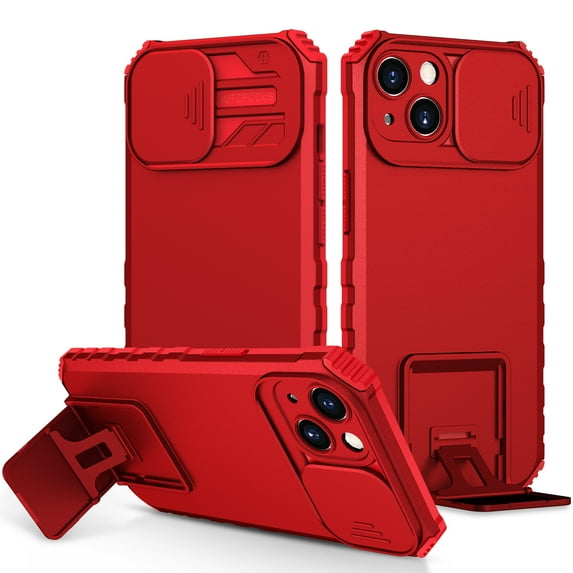 ELEHOLD Slim Case for iPhone 15 with Sliding Camera Lens Cover Built-in Foldable Kickstand Full Protective Shockproof Hard PC Case for iPhone 15,Red
