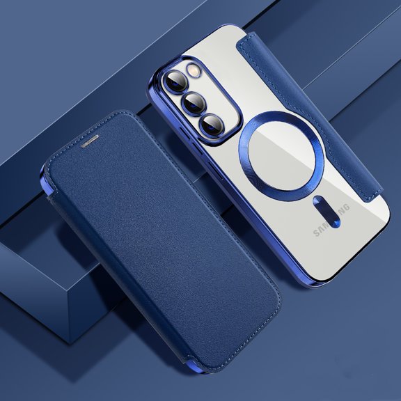 ELEHOLD Slim Flip Wallet Case for Samsung Galaxy S23 Ultra 6.8" with Transparent Clear Back RFID Card Holders Magnetic Closure Compatible with MagSafe Shockproof Anti-Scratches Case,Darkblue