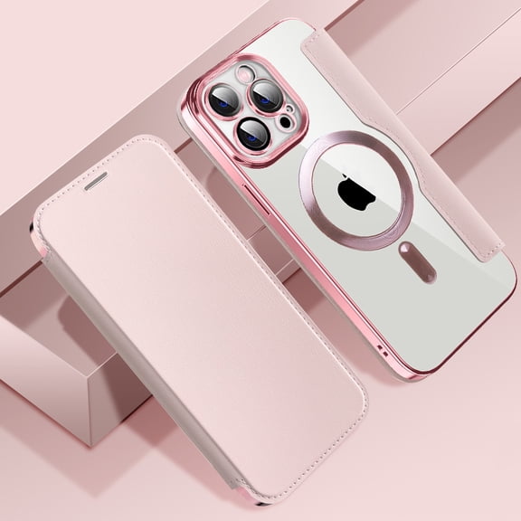 ELEHOLD Slim Flip Wallet Case for iPhone 13 Pro Max 6.7" with Transparent Clear Back RFID Card Holders Magnetic Closure Compatible with MagSafe Shockproof Anti-Scratches Case,Pink