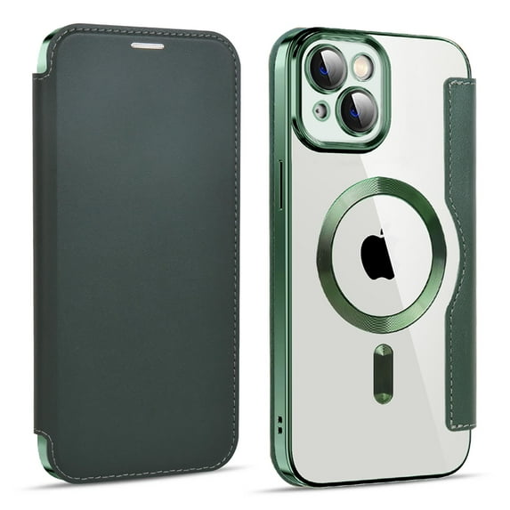ELEHOLD Slim Flip Wallet Case for iPhone 14 6.1" with Transparent Clear Back RFID Card Holders Magnetic Closure Compatible with MagSafe Shockproof Anti-Scratches Case,Darkgreen