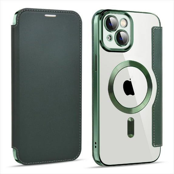 ELEHOLD Slim Flip Wallet Case for iPhone 14 Plus 6.7" with Transparent Clear Back RFID Card Holders Magnetic Closure Compatible with MagSafe Shockproof Anti-Scratches Case,Green