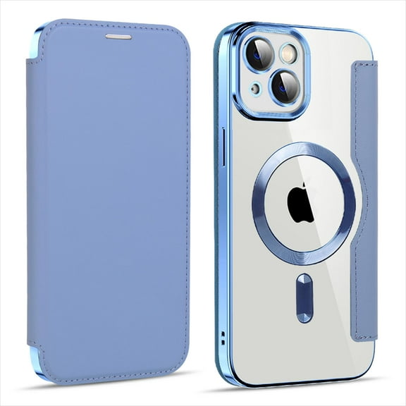 ELEHOLD Slim Flip Wallet Case for iPhone 14 Plus 6.7" with Transparent Clear Back RFID Card Holders Magnetic Closure Compatible with MagSafe Shockproof Anti-Scratches Case,Blue