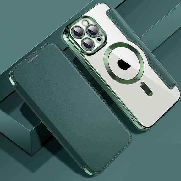 ELEHOLD Slim Flip Wallet Case for iPhone 14 Pro 6.1" with Transparent Clear Back RFID Card Holders Magnetic Closure Compatible with MagSafe Shockproof Anti-Scratches Case,Green