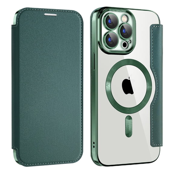 ELEHOLD Slim Flip Wallet Case for iPhone 16 Plus with Transparent Clear Back RFID Card Holders Magnetic Closure Compatible with Mag Safe Shockproof Anti-Scratches, Green
