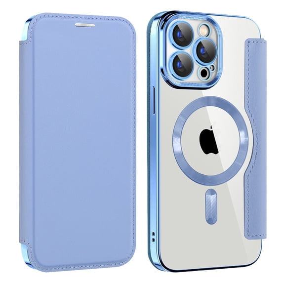 ELEHOLD Slim Flip Wallet Case for iPhone 16 Plus with Transparent Clear Back RFID Card Holders Magnetic Closure Compatible with Mag Safe Shockproof Anti-Scratches, Blue