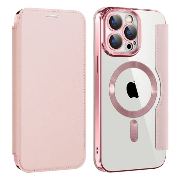 ELEHOLD Slim Flip Wallet Case for iPhone 16 Pro Max with Transparent Clear Back RFID Card Holders Magnetic Closure Compatible with Mag Safe Shockproof Anti-Scratches, Pink