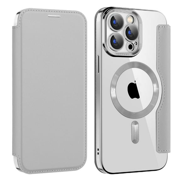 ELEHOLD Slim Flip Wallet Case for iPhone 16 Pro Max with Transparent Clear Back RFID Card Holders Magnetic Closure Compatible with Mag Safe Shockproof Anti-Scratches, Grey