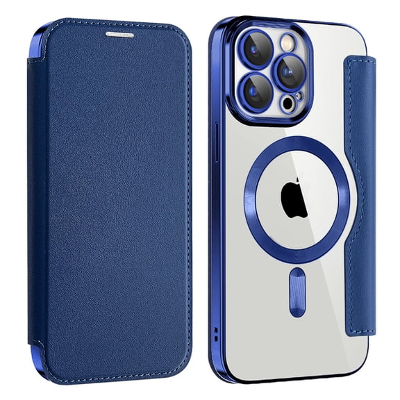 ELEHOLD Slim Flip Wallet Case for iPhone 16 Pro Max with Transparent Clear Back RFID Card Holders Magnetic Closure Compatible with Mag Safe Shockproof Anti-Scratches, Deep Blue
