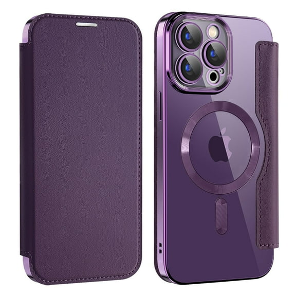 ELEHOLD Slim Flip Wallet Case for iPhone 16 Pro with Transparent Clear Back RFID Card Holders Magnetic Closure Compatible with Mag Safe Shockproof Anti-Scratches, Purple