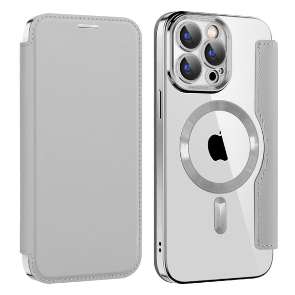 ELEHOLD Slim Flip Wallet Case for iPhone 16 with Transparent Clear Back RFID Card Holders Magnetic Closure Compatible with Mag Safe Shockproof Anti-Scratches, Grey