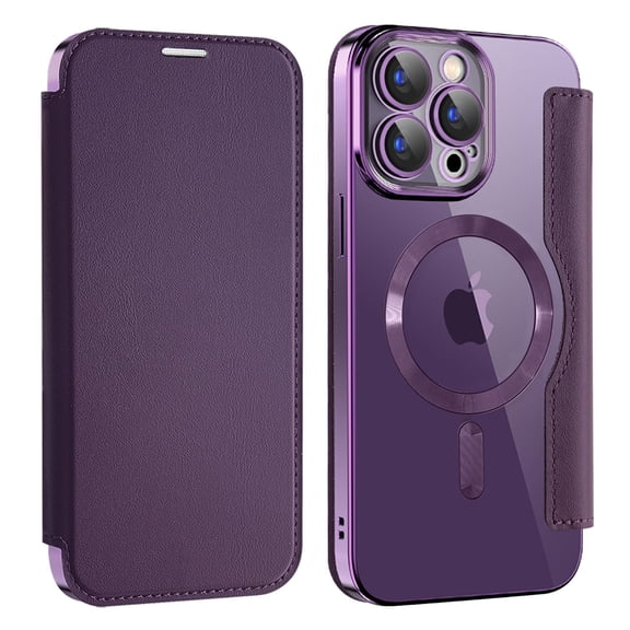 ELEHOLD Slim Flip Wallet Case for iPhone 16 with Transparent Clear Back RFID Card Holders Magnetic Closure Compatible with Mag Safe Shockproof Anti-Scratches, Purple