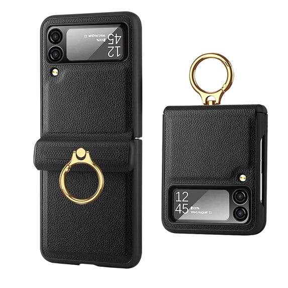 ELEHOLD Slim Leather Case for Samsung Galaxy Z Flip 4,Camera Lens Protection Built-in Ring Holder Anti-Slip Anti-Fingerprint Shockproof Case for Samsung Z Flip 4,Black